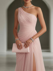 Pink Ruched Slit Tulle Strapless One Shoulder Sheath Gown Dress