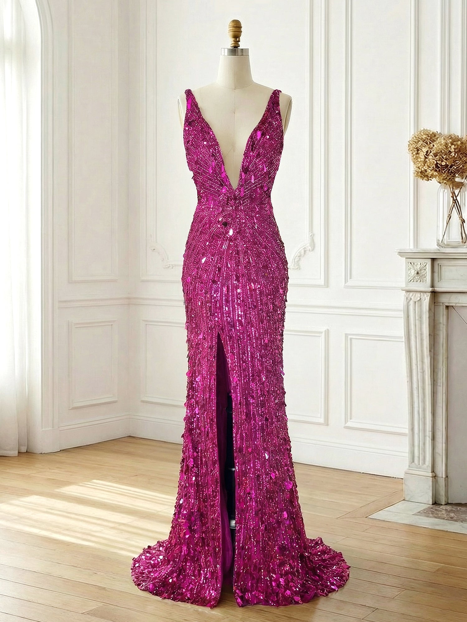 Mermaid V-Neck Backless Long Tight Sequin Prom Dress