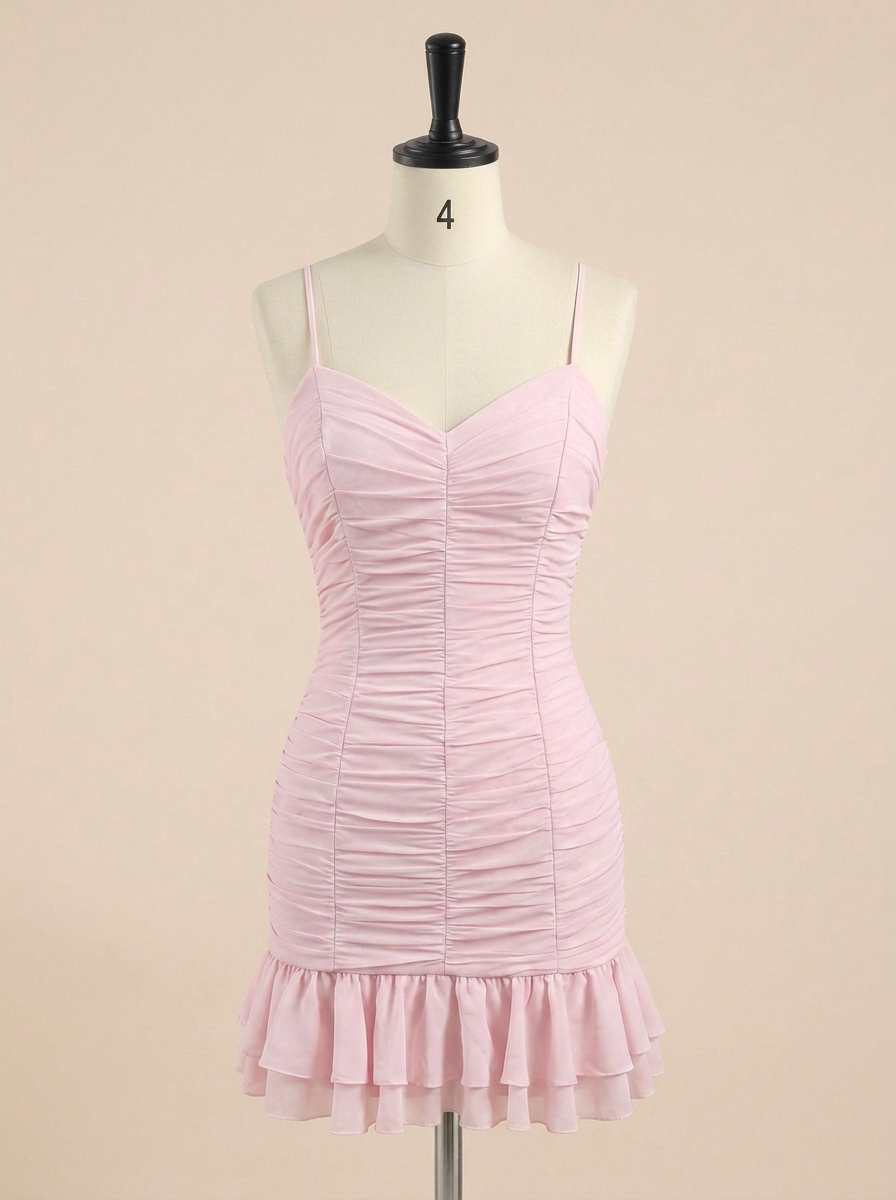 Pink Ruched Ruffled Lace-Up Short Homecoming Dress