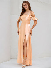 Coral Satin A Line Spaghetti Straps Sleeveless Floor Length Bridesmaid Dress With Ruffles