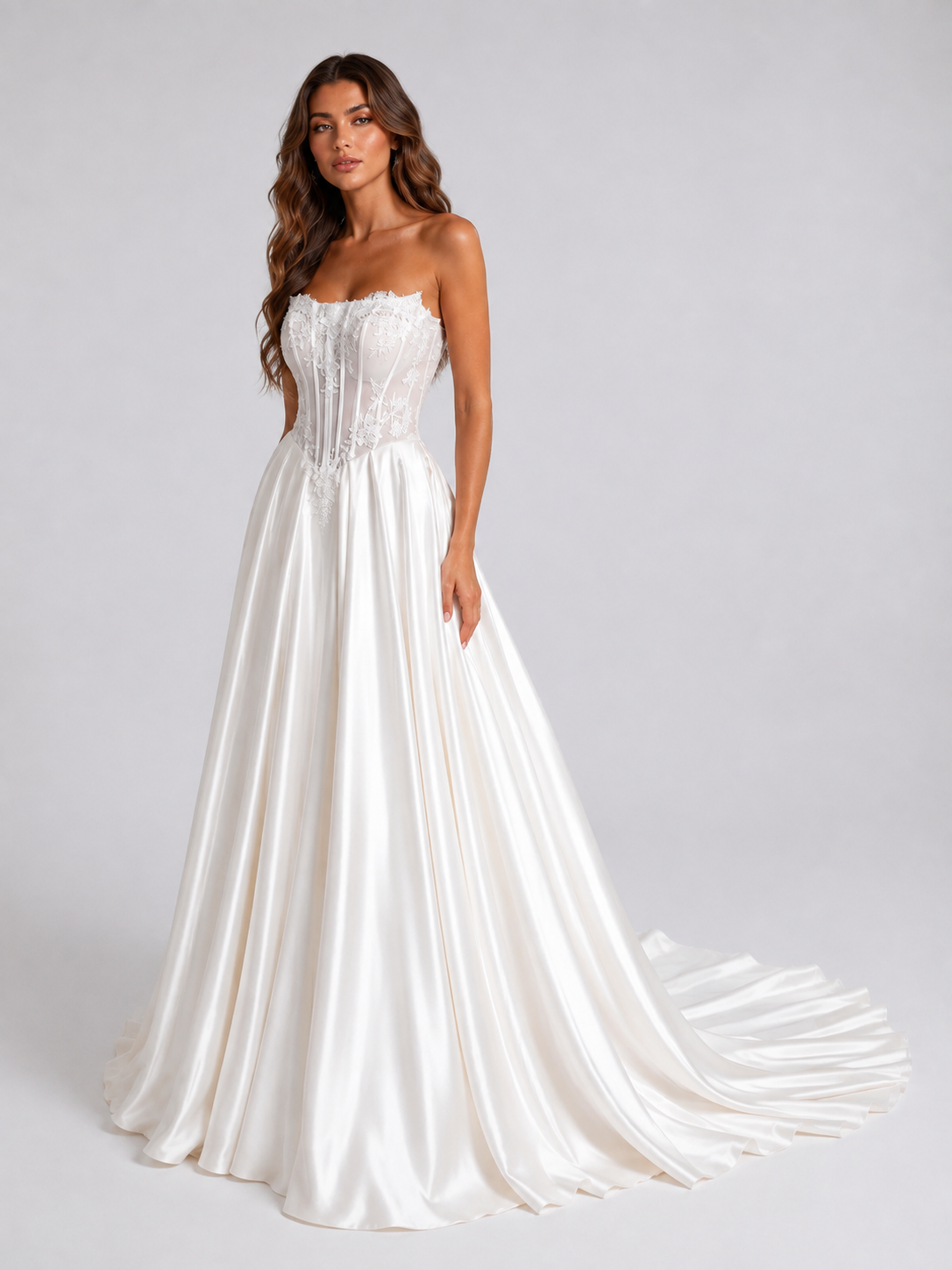 Elegant Strapless Corset Satin A-Line Wedding Dress with Chapel Train