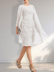 Sheath Scoop Illusion Knee-Length Lace Chiffon Mother of the Bride Dress With Cascading Ruffles Sequins