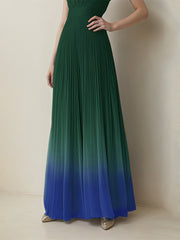 Evening Halter Dress Green-Blue Ombre Pleated Chiffon Floor-Length  Dress