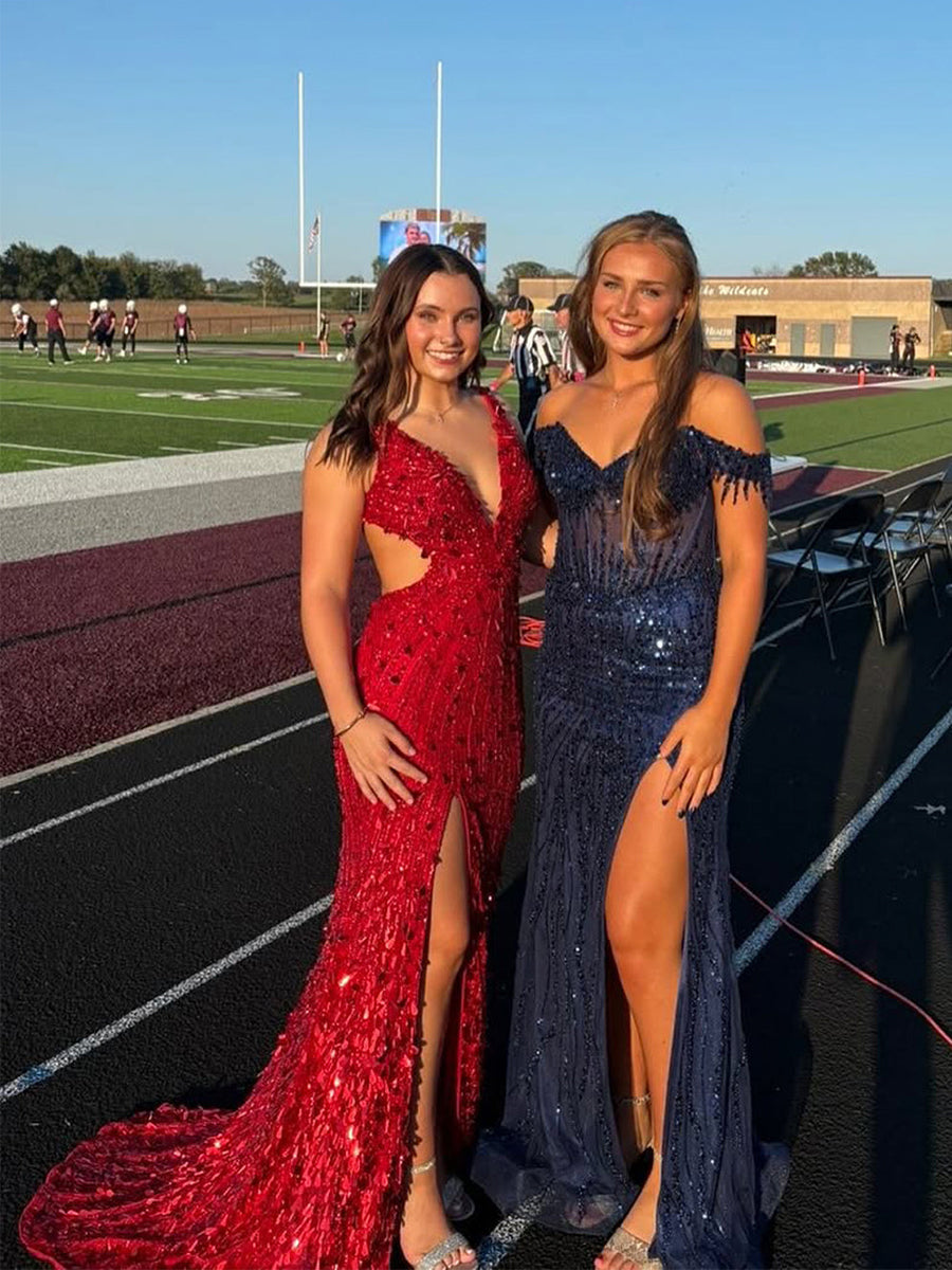 Off-the-Shoulder Beaded Tulle Long Prom Dress with Swirling Sequins