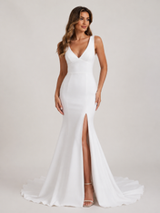 Elegant V-Neck Satin Mermaid Wedding Dress with High Slit and Chapel Train