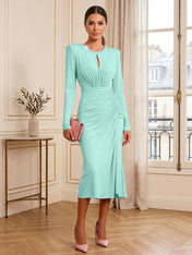 Dusty Rose Long Sleeve Ruched Midi Dress Formal Evening Gown
