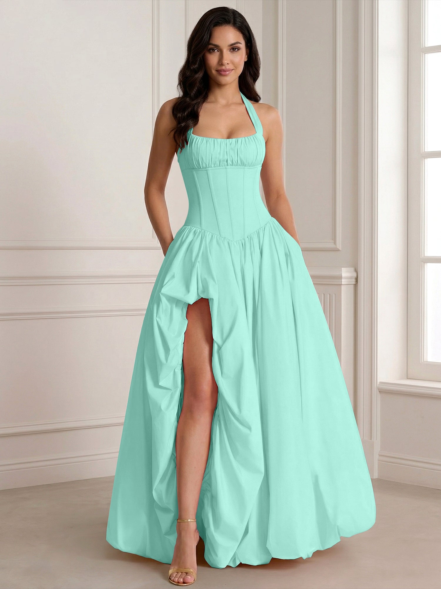Glamorous Blush Pink Halter Corset Evening Paty Dress Gown