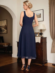 A-line Square Tea-Length Chiffon Mother of the Bride Dress