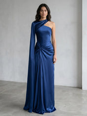 Royal Blue One-Shoulder Draped Satin Evening Dress