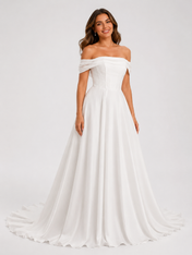 Elegant Off-the-Shoulder Draped Satin A-Line Wedding Dress with Chapel Train