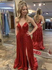 Burgundy A Line Spaghetti Straps V Neck Sequin Long Prom Dress with Slit
