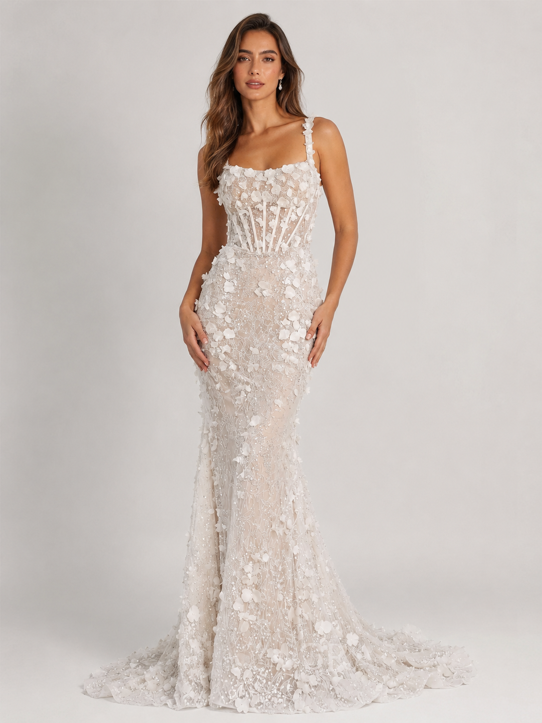 Elegant Square-Neck 3D Floral Lace Mermaid Wedding Dress with Sweep Train