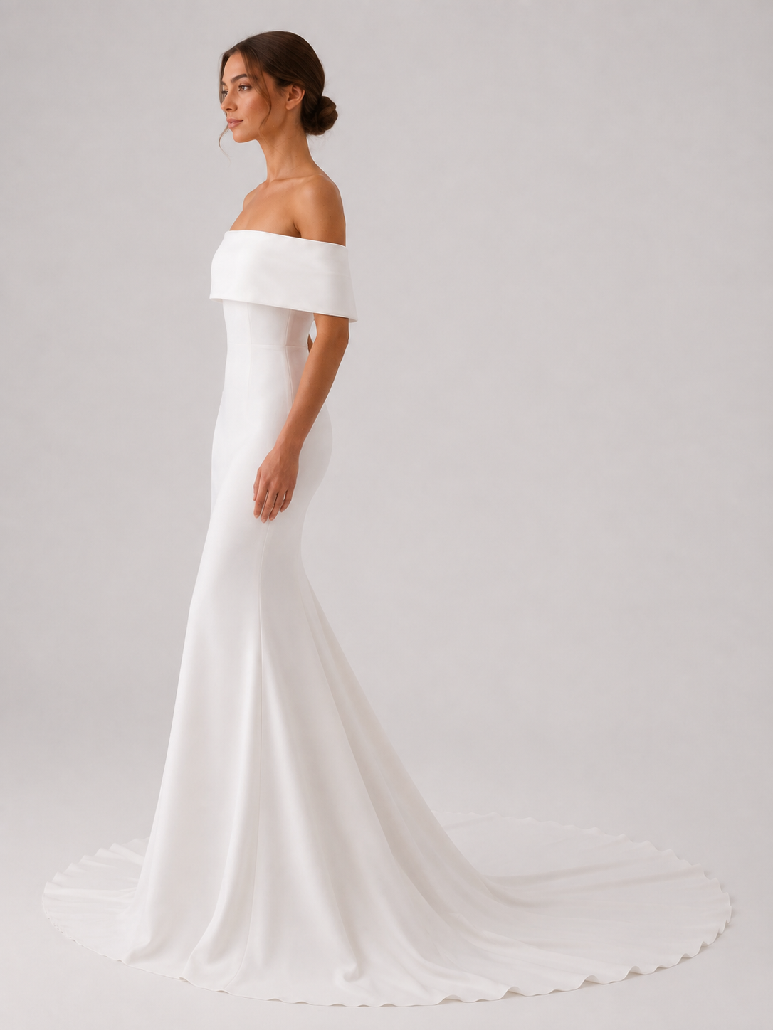 Elegant Off-the-Shoulder Folded Collar Satin Mermaid Wedding Dress with Chapel Train