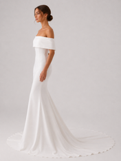 Elegant Off-the-Shoulder Folded Collar Satin Mermaid Wedding Dress with Chapel Train