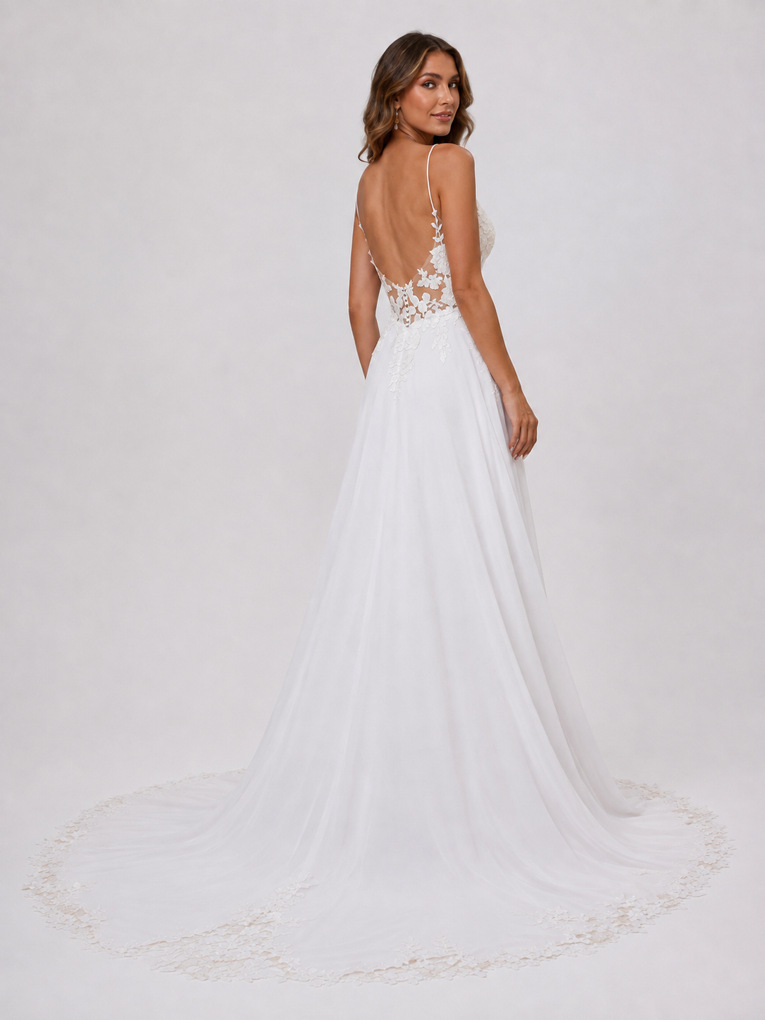 Elegant V-Neck Spaghetti Strap Lace Appliquéd Chiffon A-Line Wedding Dress with Low Back and Chapel Train