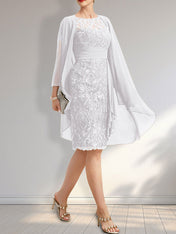 Sheath Scoop Illusion Knee-Length Lace Chiffon Mother of the Bride Dress With Cascading Ruffles Sequins