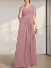 A-line V-Neck Floor-Length Chiffon Mother of the Bride Dress With Pleated