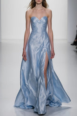 Graduation Party Spaghetti Strap Dress Blue Glossy High Slit Floor-Length Dress