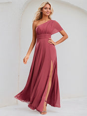 Cinnamon Rose Chiffon A Line One Shoulder Short Sleeves Floor Length Bridesmaid Dress