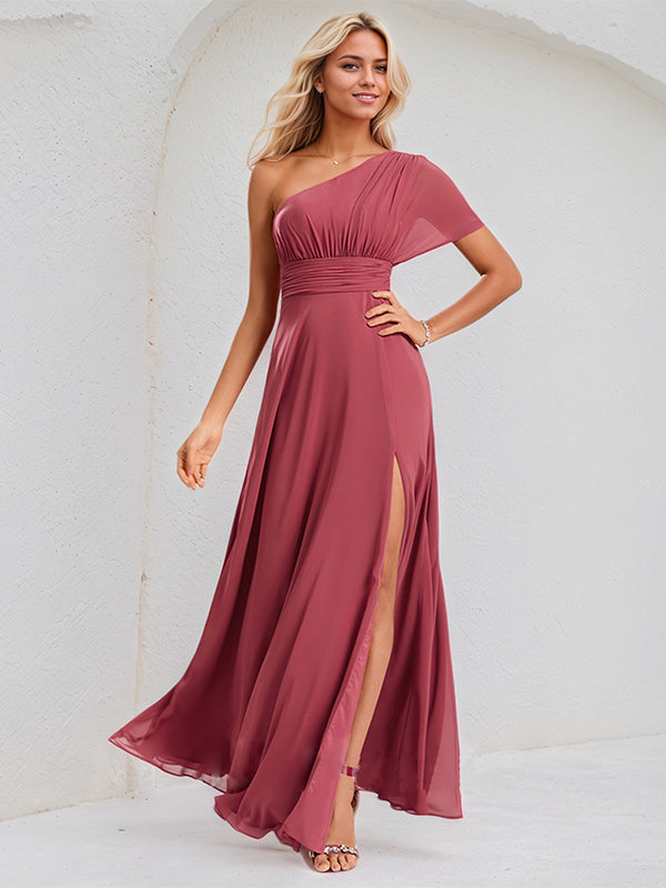Cinnamon Rose Chiffon A Line One Shoulder Short Sleeves Floor Length Bridesmaid Dress