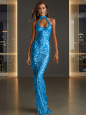 Glamorous Gold Sequin Halter Neck Mermaid Long Prom Dress