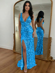 Gold Sequin V-Neck Open Back Mermaid Prom Dress with High Slit