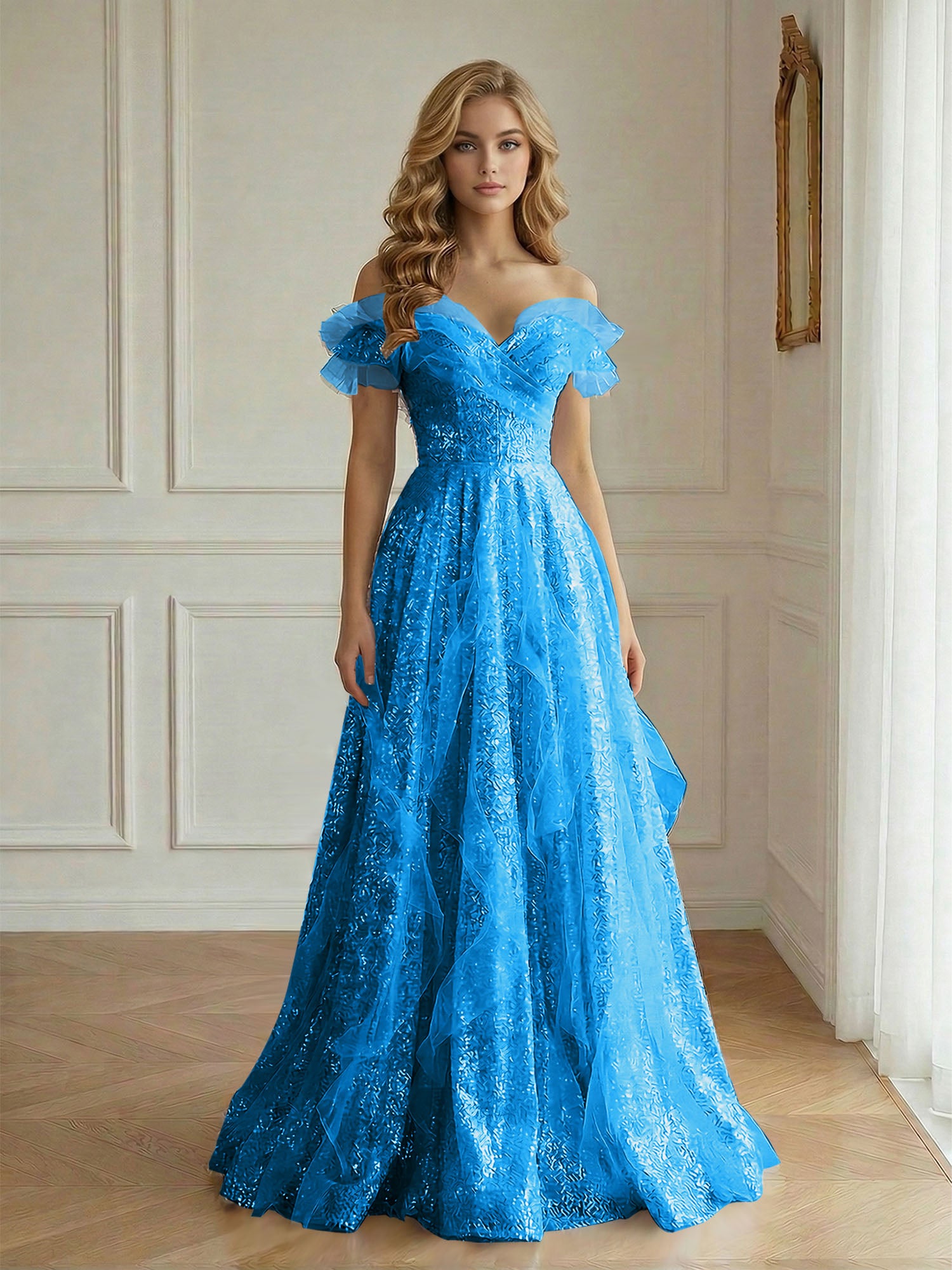 Off-the-Shoulder Sequin Tulle A-Line Gown with Ruffle Accents Prom Dress