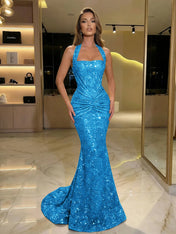 Gold Sequin Halter Mermaid Prom Dress with Ruched Waist