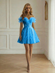 Off-the-Shoulder Lace-Up Back Iridescent Tulle Party Dress Homecoming Dress