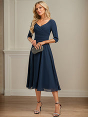 A-line V-Neck Tea-Length Chiffon Mother of the Bride Dress With Pleated
