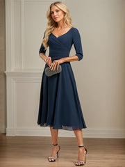 A-line V-Neck Tea-Length Chiffon Mother of the Bride Dress With Pleated