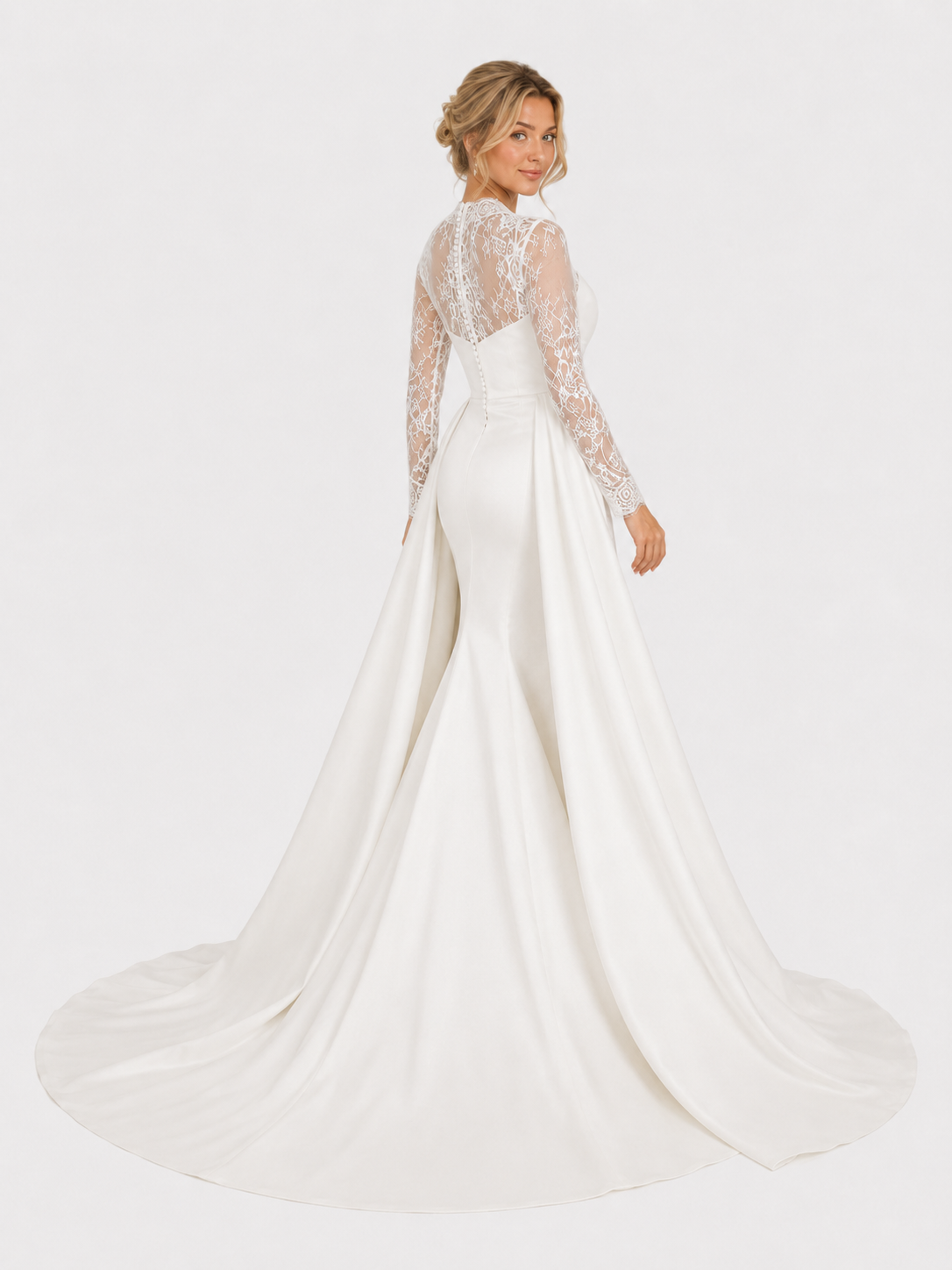 Elegant Lace Illusion Long-Sleeve Mermaid Wedding Dress with Detachable Overskirt and Chapel Train