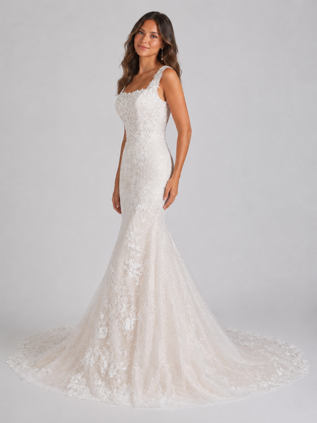 Elegant Square Neckline Lace Mermaid Wedding Dress with V-Back and Sweep Train