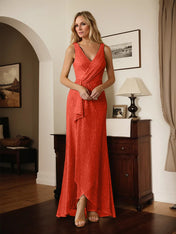 A-Line V-Neck Ruched Metallic Mesh Dress