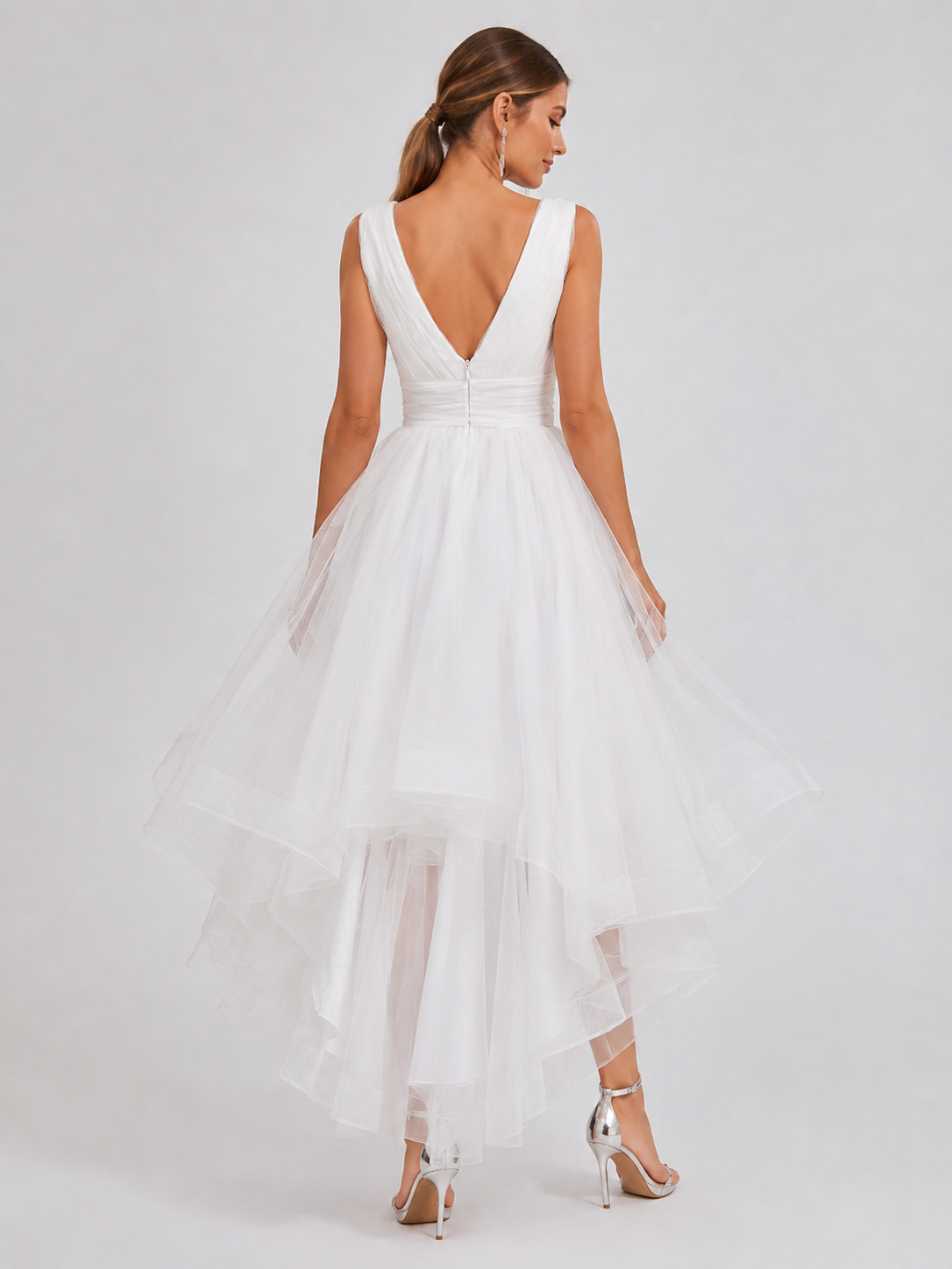 Elegant V-Neck Pleated Tulle High-Low Wedding Dress with Flowing Asymmetrical Skirt