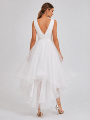 Elegant V-Neck Pleated Tulle High-Low Wedding Dress with Flowing Asymmetrical Skirt