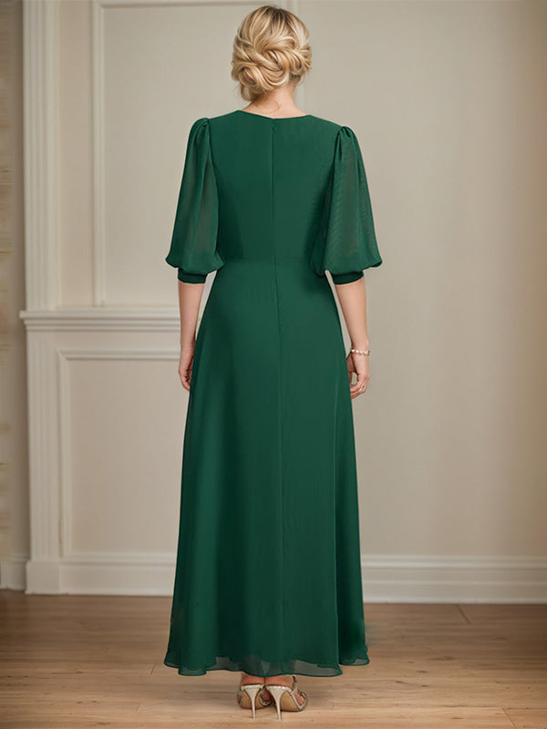 A-line V-Neck Ankle-Length Chiffon Mother of the Bride Dress With Pleated Sequins Beading