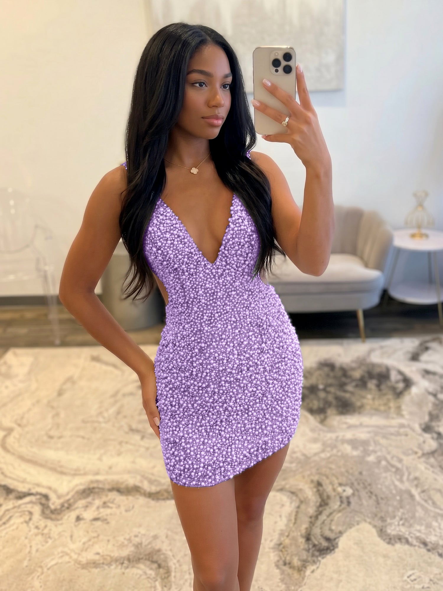 White V Neck Pearl Embellished Short Homecoming Dresses