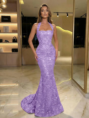 Gold Sequin Halter Mermaid Prom Dress with Ruched Waist
