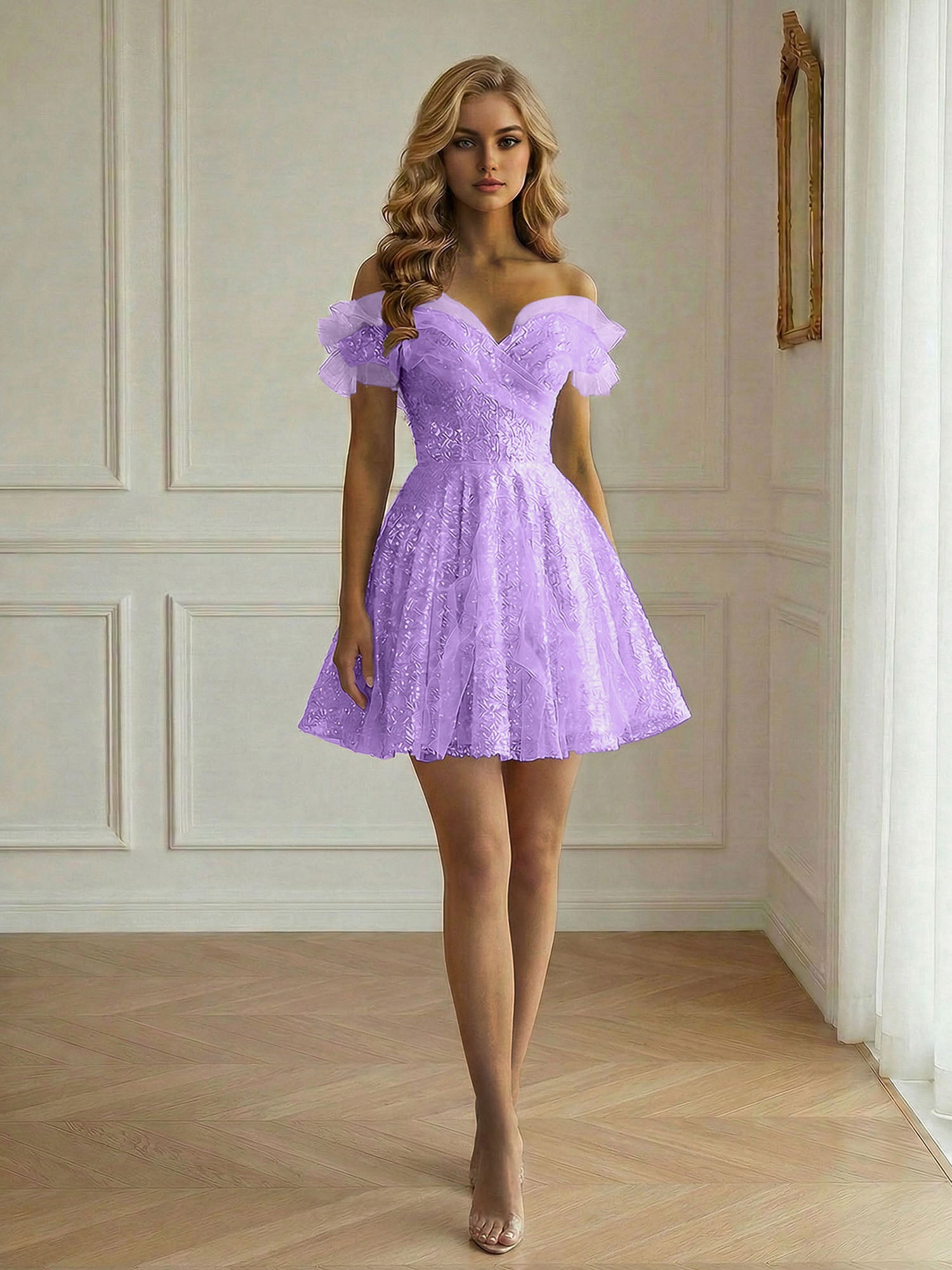 Off-the-Shoulder Lace-Up Back Iridescent Tulle Party Dress Homecoming Dress