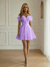 Off-the-Shoulder Lace-Up Back Iridescent Tulle Party Dress Homecoming Dress