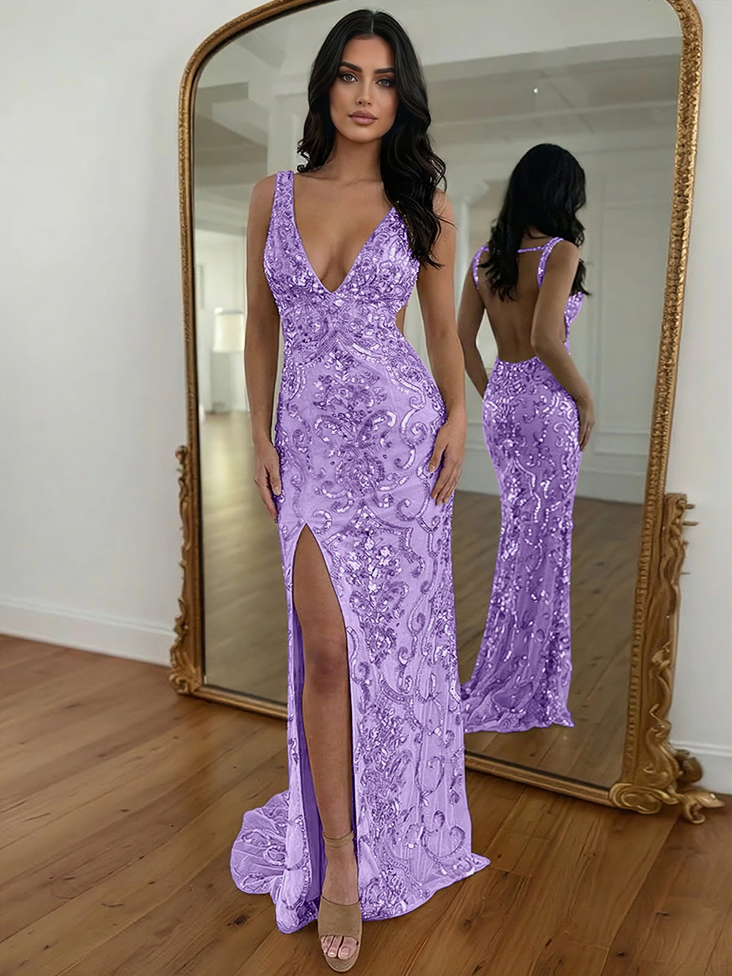 Gold Sequin V-Neck Open Back Mermaid Prom Dress with High Slit