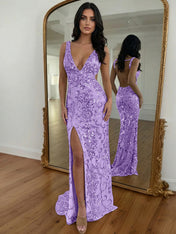 Gold Sequin V-Neck Open Back Mermaid Prom Dress with High Slit