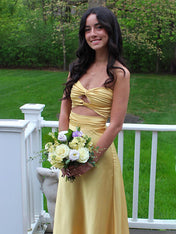 Yellow Strapless Knot Front Satin Fitted Long Prom Party Dress