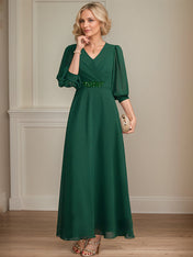 A-line V-Neck Ankle-Length Chiffon Mother of the Bride Dress With Pleated Sequins Beading