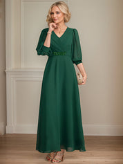 A-line V-Neck Ankle-Length Chiffon Mother of the Bride Dress With Pleated Sequins Beading