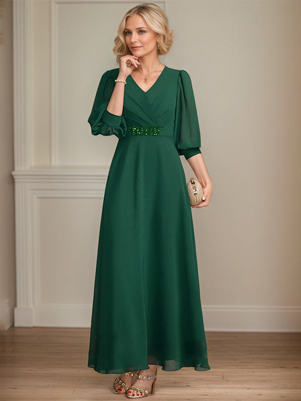 A-line V-Neck Ankle-Length Chiffon Mother of the Bride Dress With Pleated Sequins Beading
