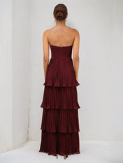Burgundy Chiffon Sweetheart Neck Sleeveless Floor Length Dress With Cascading Ruffles