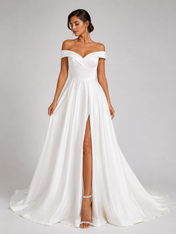 Elegant Off-the-Shoulder Ruched Satin A-Line Wedding Dress with High Slit and Chapel Train