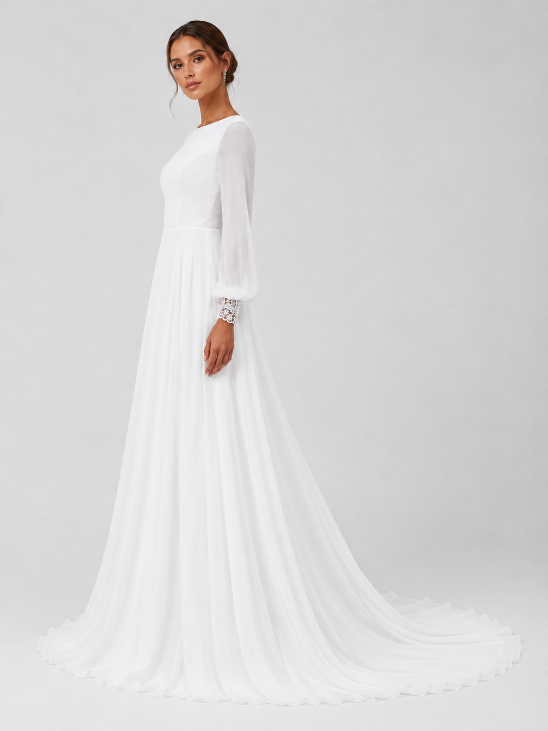 Elegant Boat Neck Long Sleeve Chiffon A-Line Wedding Dress with Lace Trimmed V-Back and Chapel Train